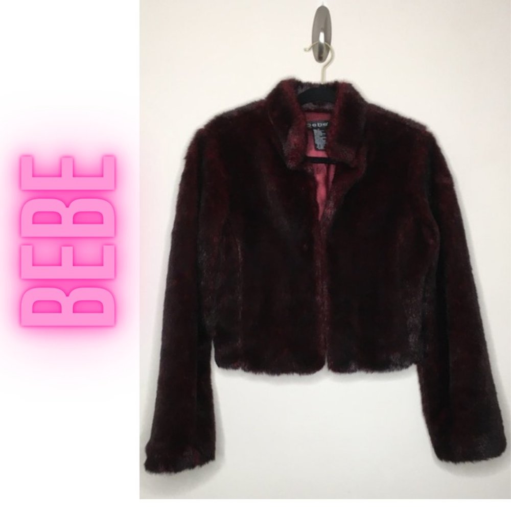 BeBe Maroon Faux Fur Cropped Jacket